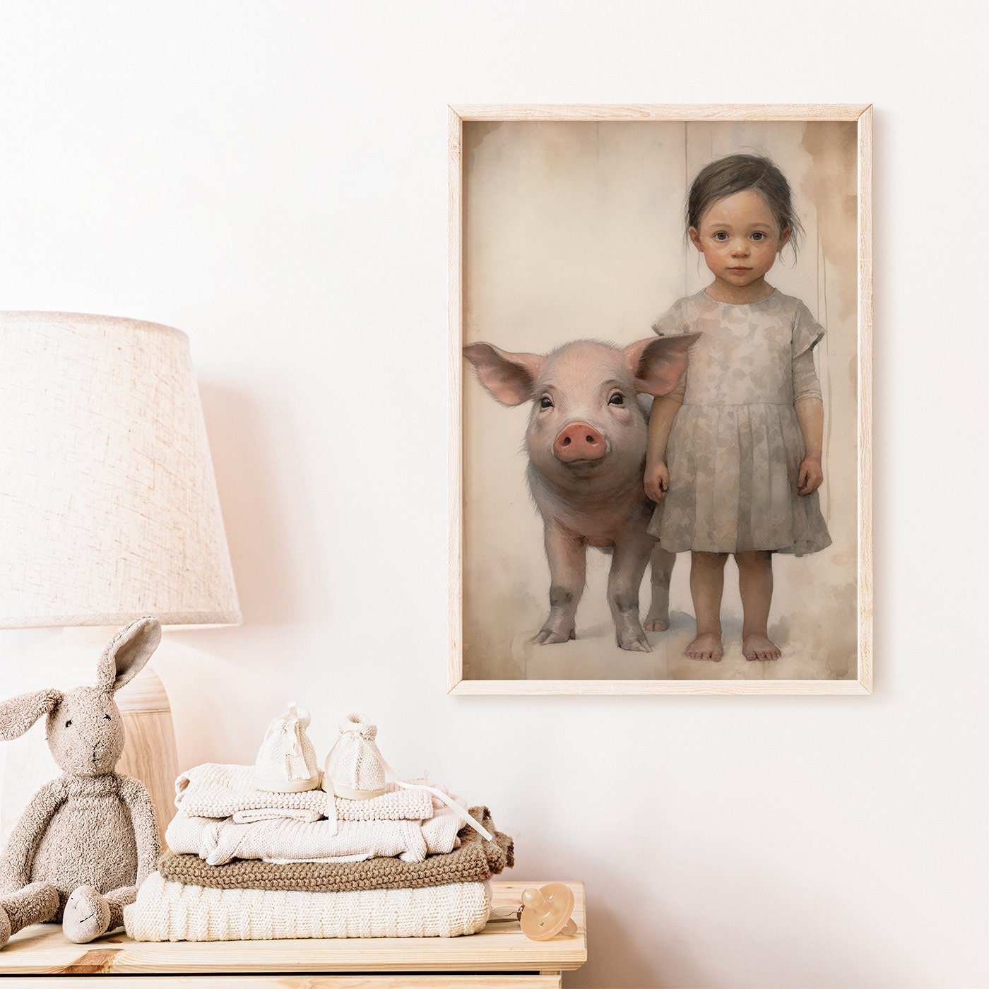 Farmhouse Animal Nursery Decor, Vintage Pig & Girl Wall Art - WildfieldPrints