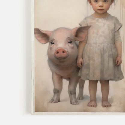 Farmhouse Animal Nursery Decor, Vintage Pig & Girl Wall Art - WildfieldPrints