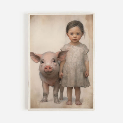 Farmhouse Animal Nursery Decor, Vintage Pig & Girl Wall Art - WildfieldPrints