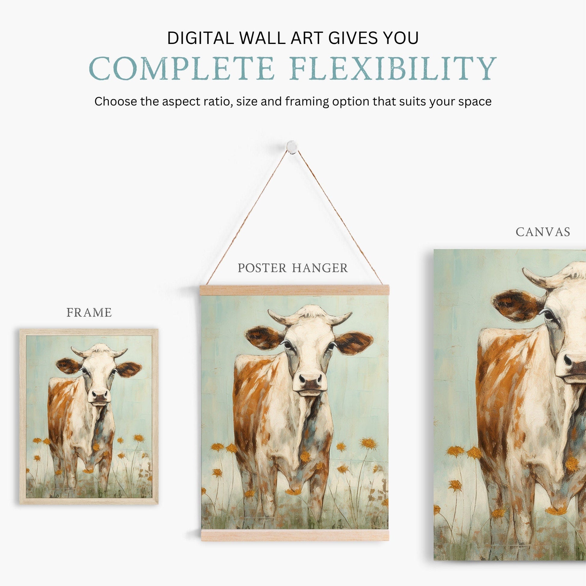Farmhouse Cow Wall Art, Rustic Home Decor, Farm Animal Print - WildfieldPrints