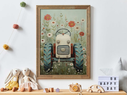 Farmhouse Fantasy: Vintage Tractor & Floral Nursery Wall Art - WildfieldPrints