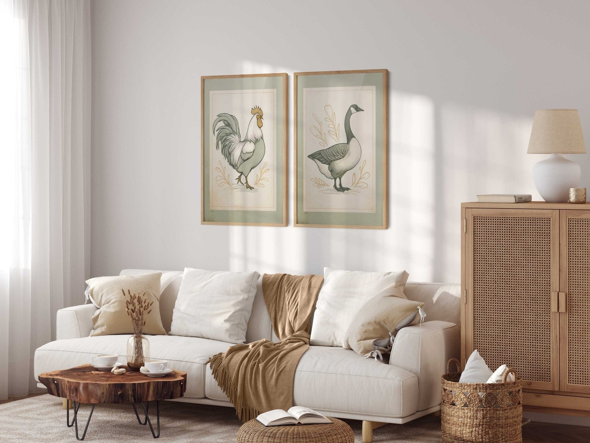 Farmhouse Goose & Rooster Wall Art, Vintage Animal Prints, Set of 2 - WildfieldPrints
