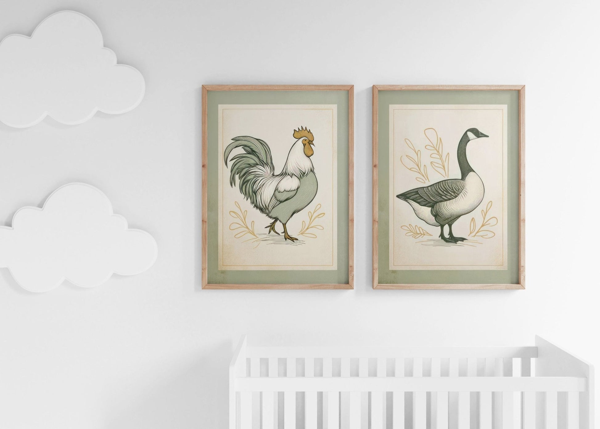 Farmhouse Goose & Rooster Wall Art, Vintage Animal Prints, Set of 2 - WildfieldPrints