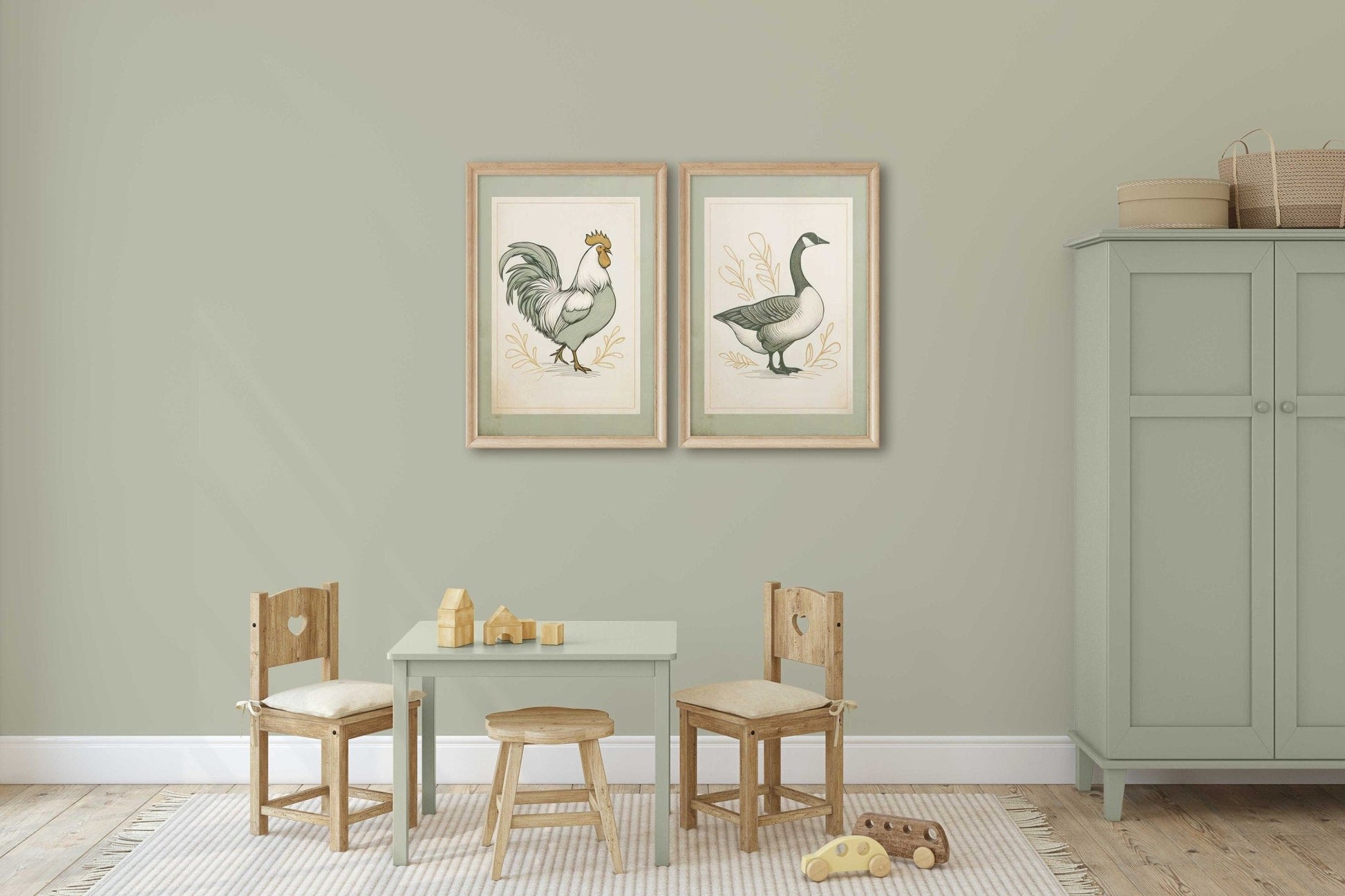 Farmhouse Goose & Rooster Wall Art, Vintage Animal Prints, Set of 2 - WildfieldPrints