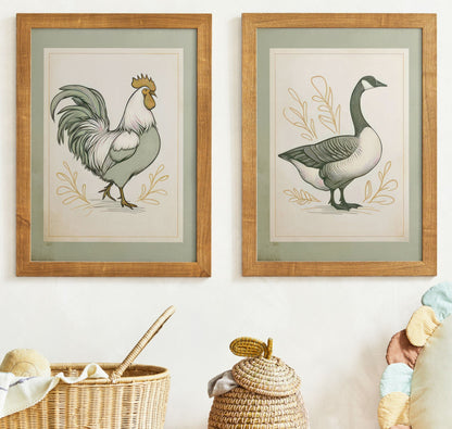 Farmhouse Goose & Rooster Wall Art, Vintage Animal Prints, Set of 2 - WildfieldPrints