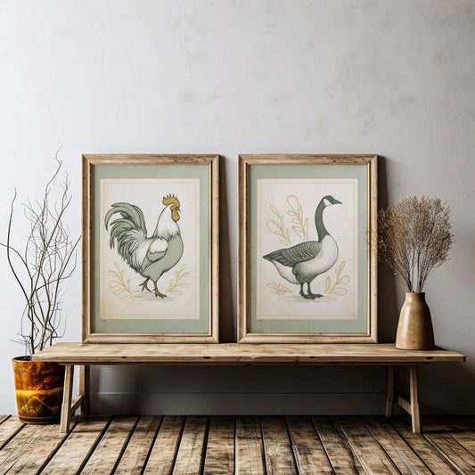 Farmhouse Goose & Rooster Wall Art, Vintage Animal Prints, Set of 2 - WildfieldPrints