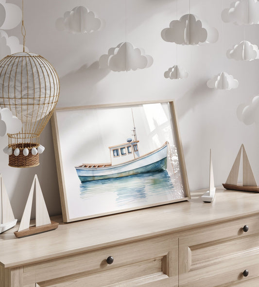 Fishing Boat Art Print, Nautical Nursery Decor, Watercolor Sailboat - WildfieldPrints