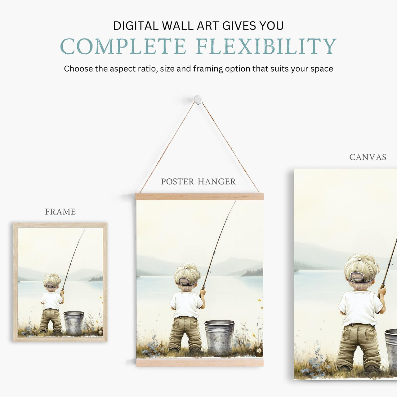 Blonde Little Boy Fishing Wall Art – Boys Room Animal Print • Set of 3