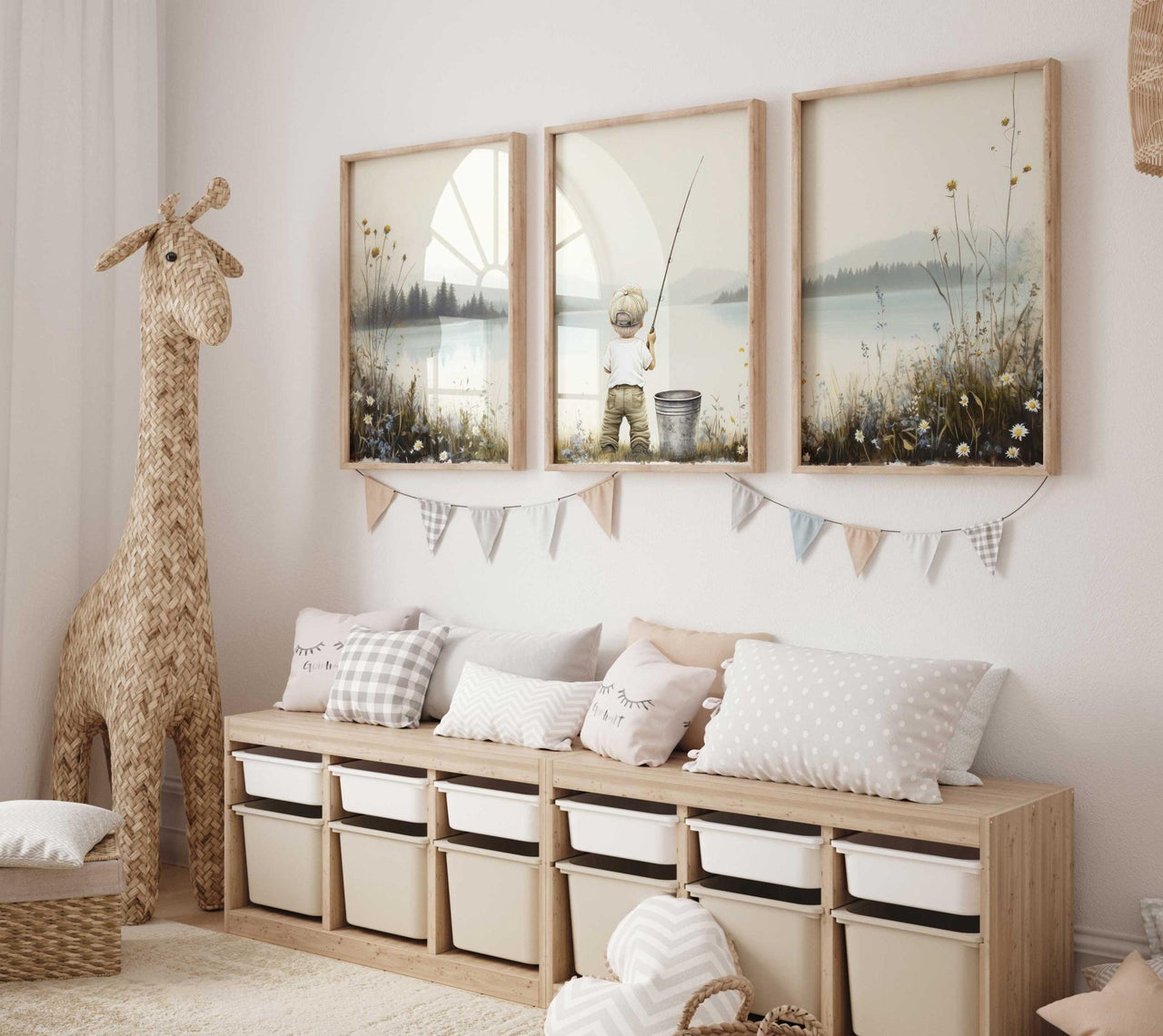 Blonde Little Boy Fishing Wall Art – Boys Room Animal Print • Set of 3
