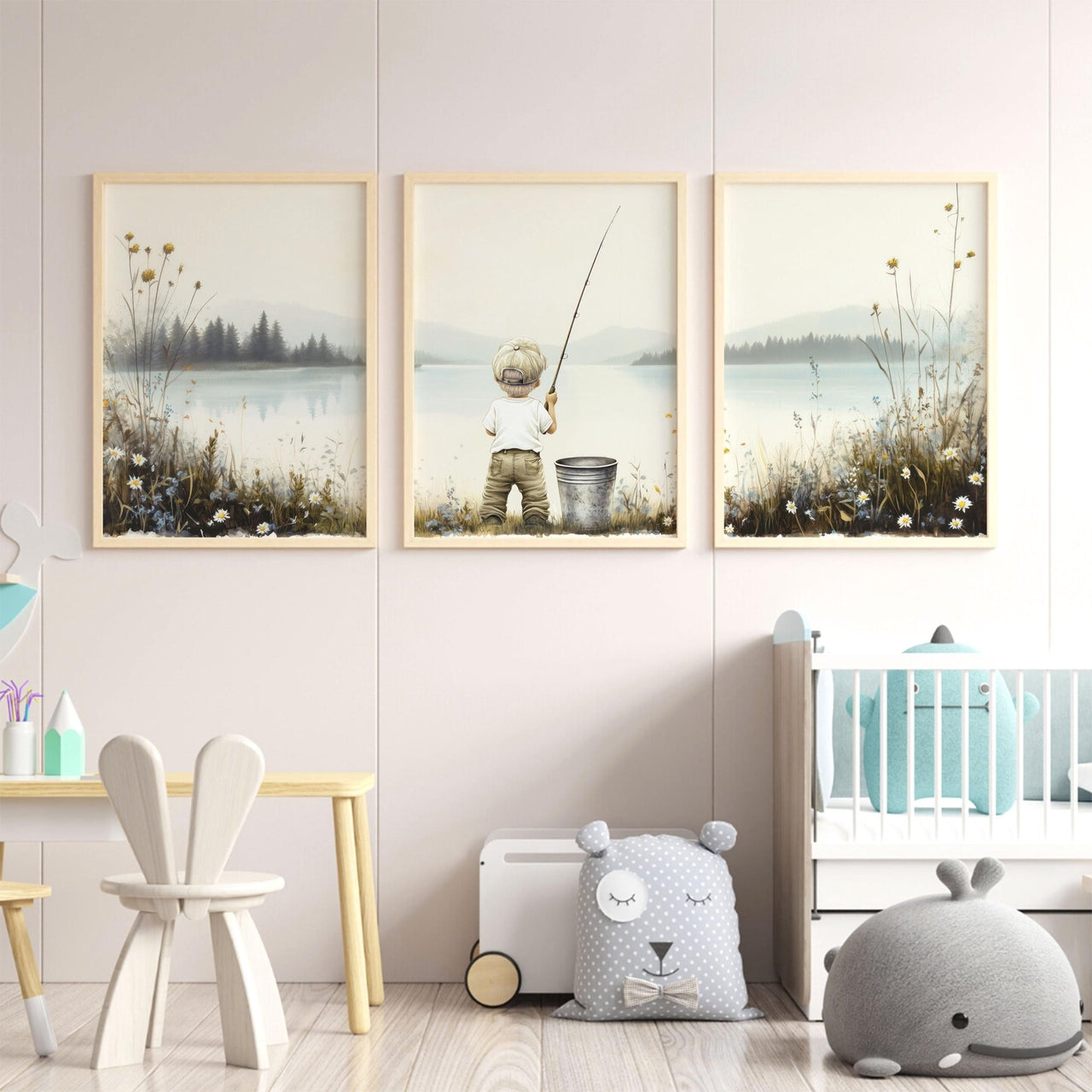 Blonde Little Boy Fishing Wall Art – Boys Room Animal Print • Set of 3