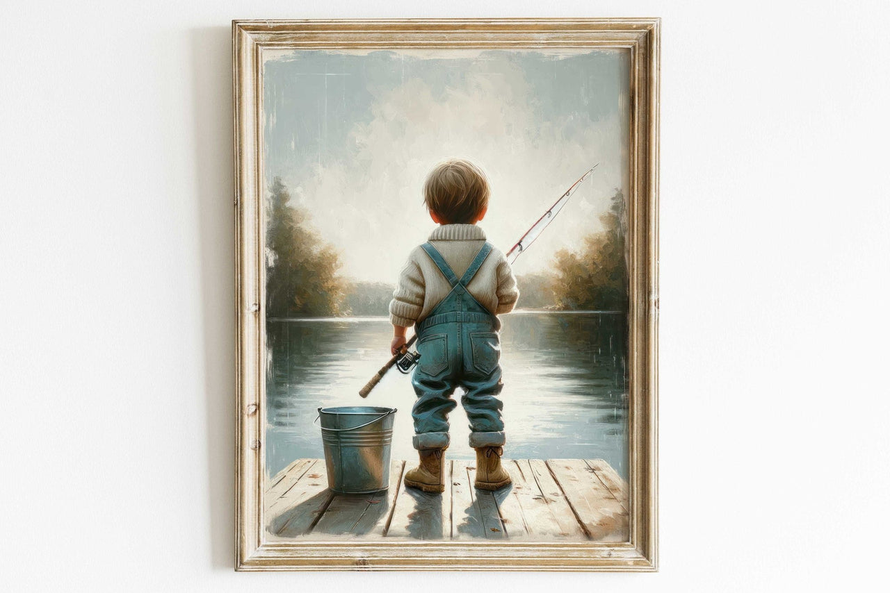 Little Boy Fishing Wall Art – Animal Boys Room Print
