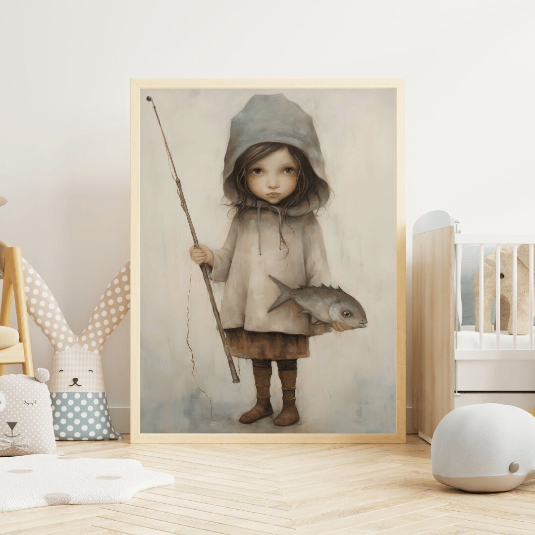 Fishing Nursery Decor, Cute Girl with Fish and Rod, Kids Wall Art - WildfieldPrints