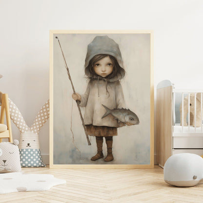 Fishing Nursery Decor, Cute Girl with Fish and Rod, Kids Wall Art - WildfieldPrints