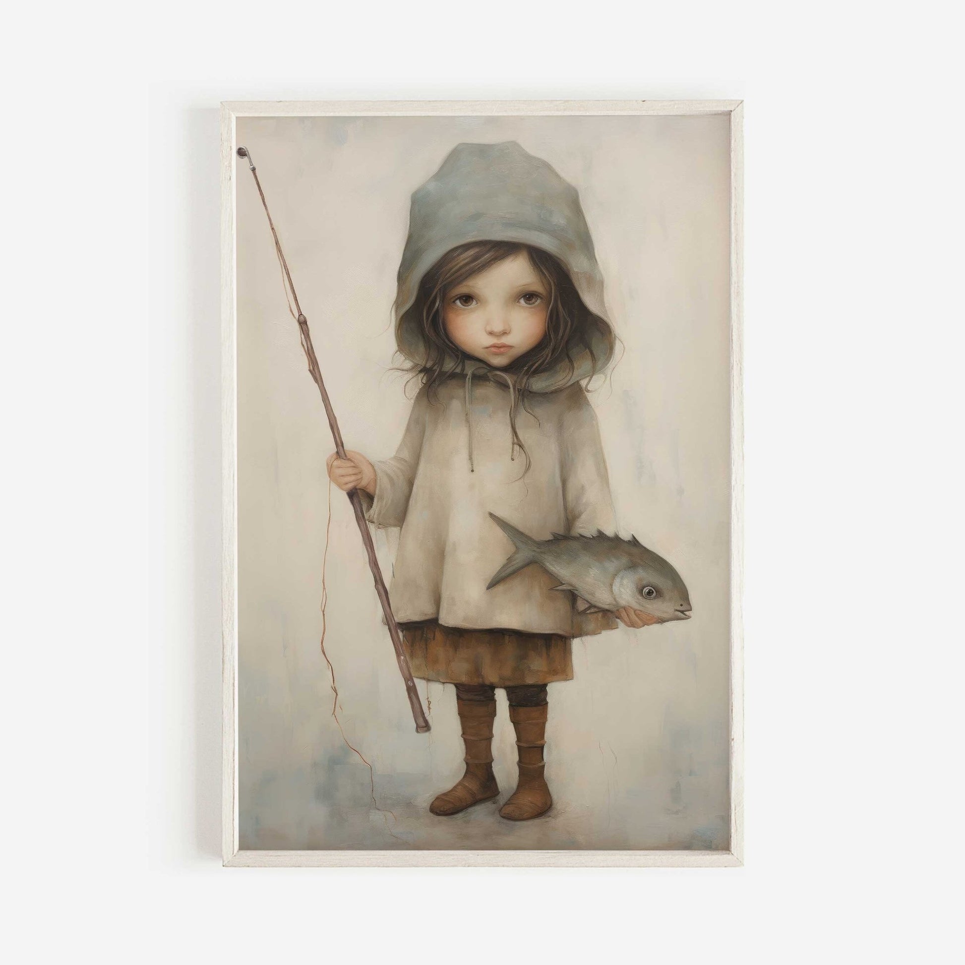 Fishing Nursery Decor, Cute Girl with Fish and Rod, Kids Wall Art - WildfieldPrints