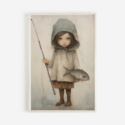 Fishing Nursery Decor, Cute Girl with Fish and Rod, Kids Wall Art - WildfieldPrints