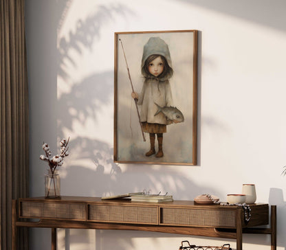 Fishing Nursery Decor, Cute Girl with Fish and Rod, Kids Wall Art - WildfieldPrints