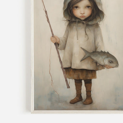 Fishing Nursery Decor, Cute Girl with Fish and Rod, Kids Wall Art - WildfieldPrints