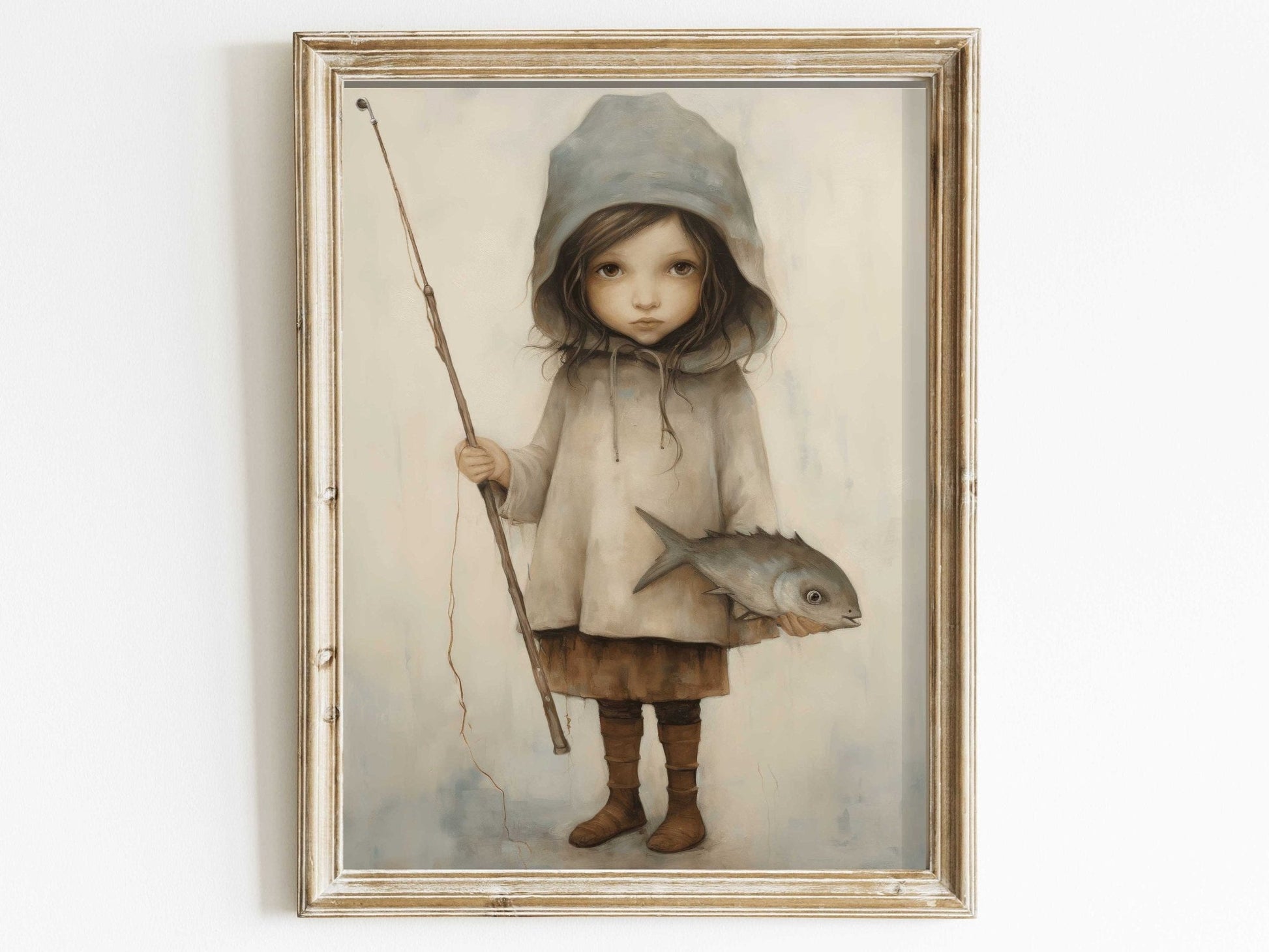 Fishing Nursery Decor, Cute Girl with Fish and Rod, Kids Wall Art - WildfieldPrints