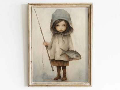 Fishing Nursery Decor, Cute Girl with Fish and Rod, Kids Wall Art - WildfieldPrints