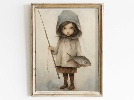 Fishing Nursery Decor, Cute Girl with Fish and Rod, Kids Wall Art - WildfieldPrints