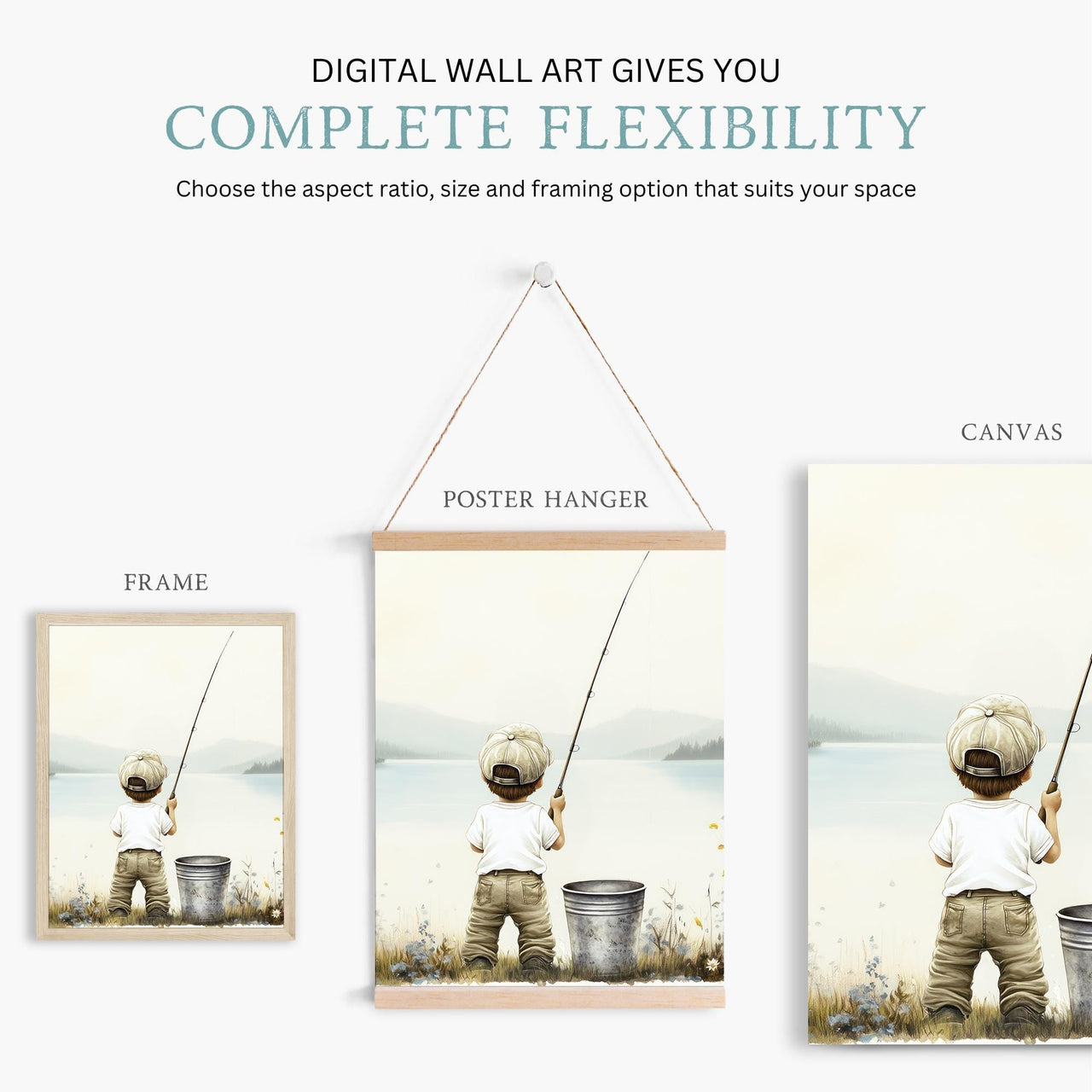 Little Boy Fishing Wall Art – Lake Boys Room Print • Set of 3