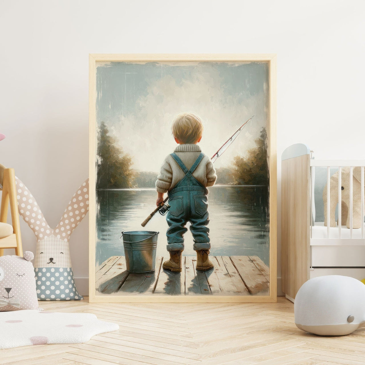 Little Boy Fishing Wall Art – Animal Boys Room Print
