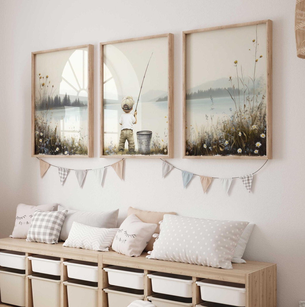Little Boy Fishing Wall Art – Vintage Boys Room Print • Set of 3