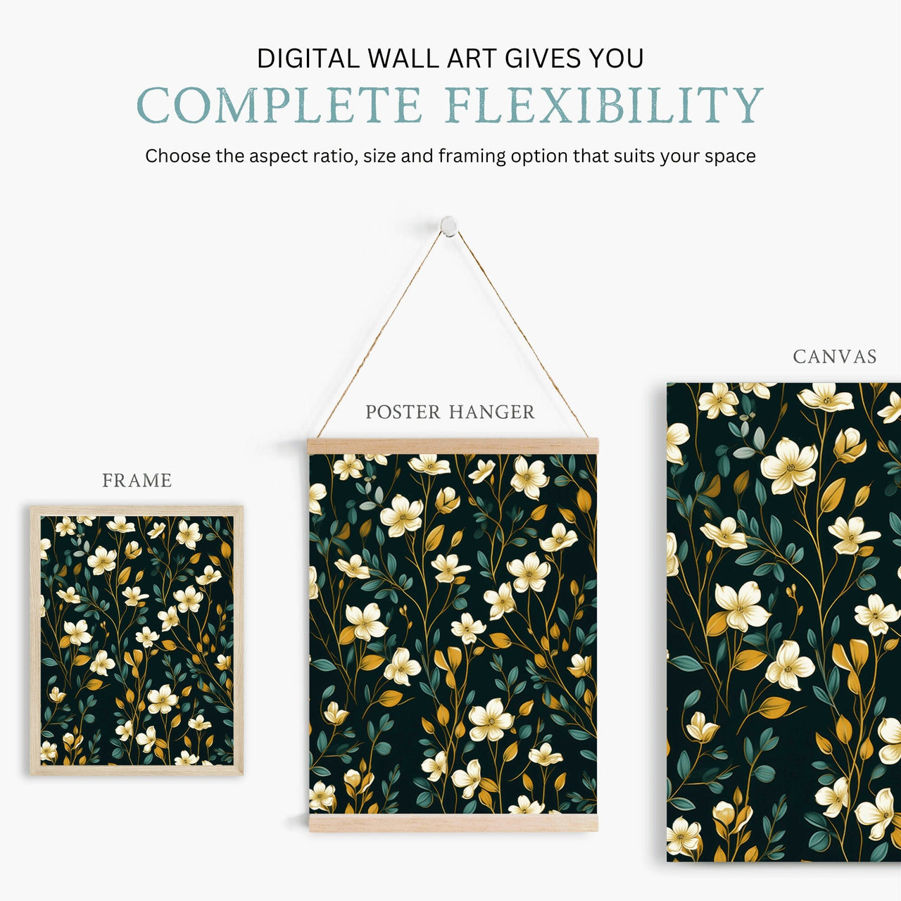 Black Flower Wall Art – Floral Living Room Print