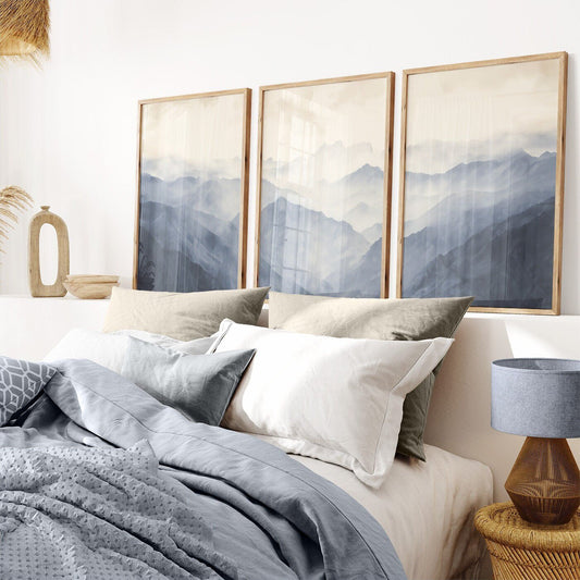 Foggy Blue Mountains Triptych Art, Minimalist Vintage Decor for Nursery - WildfieldPrints