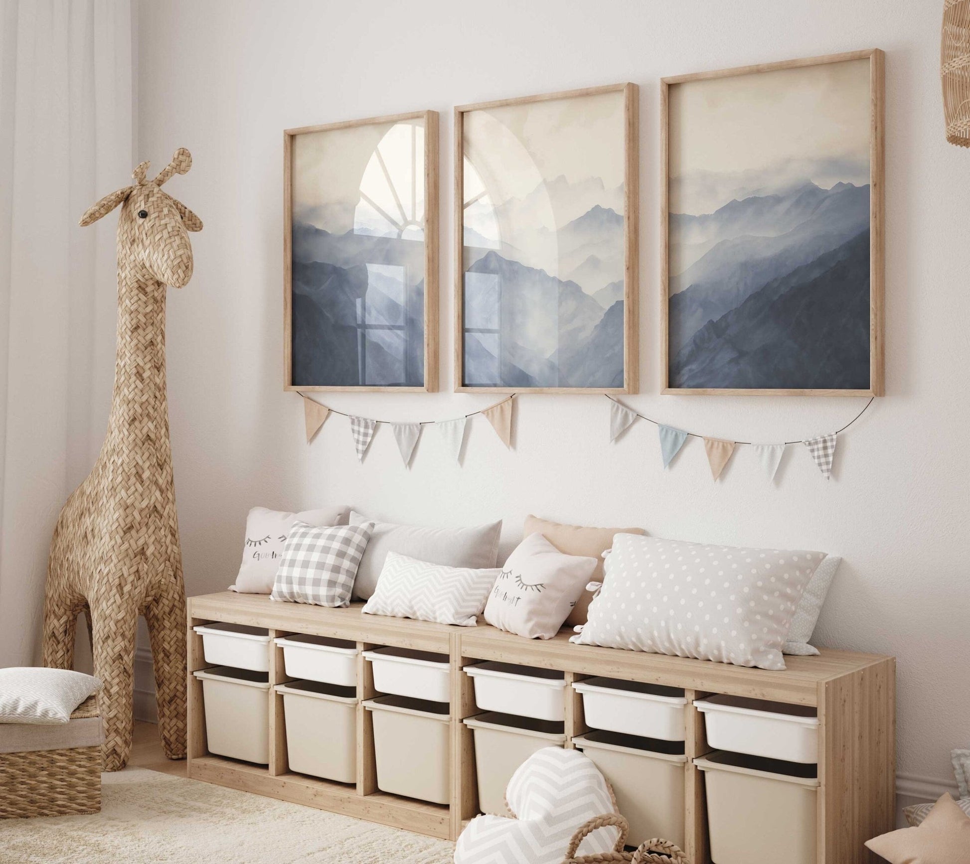 Foggy Blue Mountains Triptych Art, Minimalist Vintage Decor for Nursery - WildfieldPrints