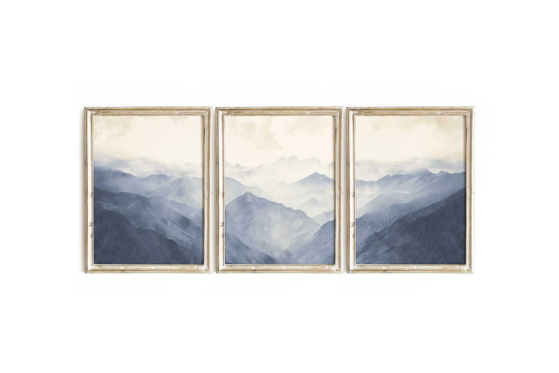 Foggy Blue Mountains Triptych Art, Minimalist Vintage Decor for Nursery - WildfieldPrints