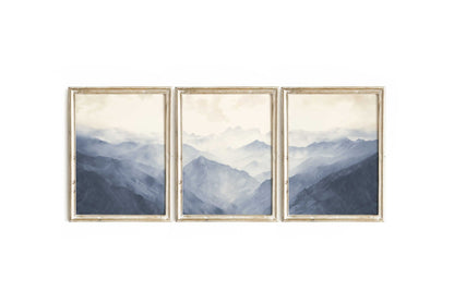 Foggy Blue Mountains Triptych Art, Minimalist Vintage Decor for Nursery - WildfieldPrints