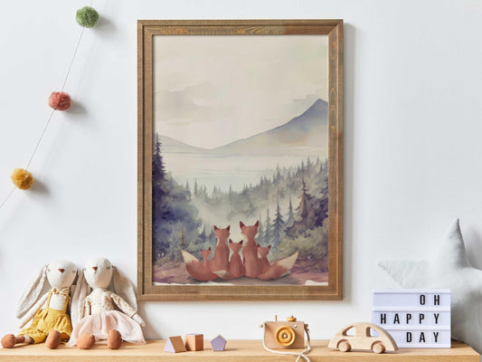 Forest Animal Family Print, Fox Family Art, Woodland Nursery Decor - WildfieldPrints
