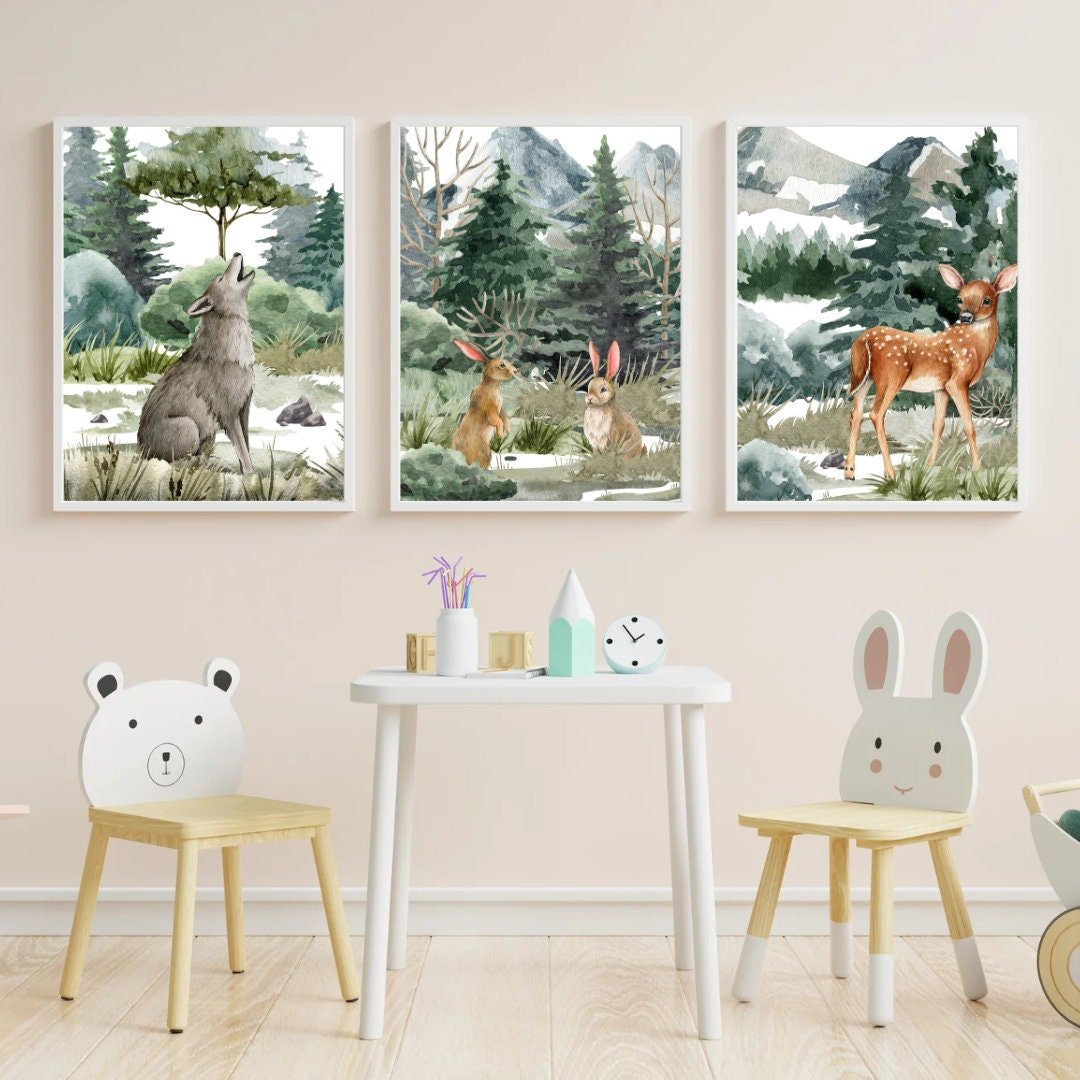 Forest Animal Wall Art – Woodland Nursery Print for Boys • Set of 3