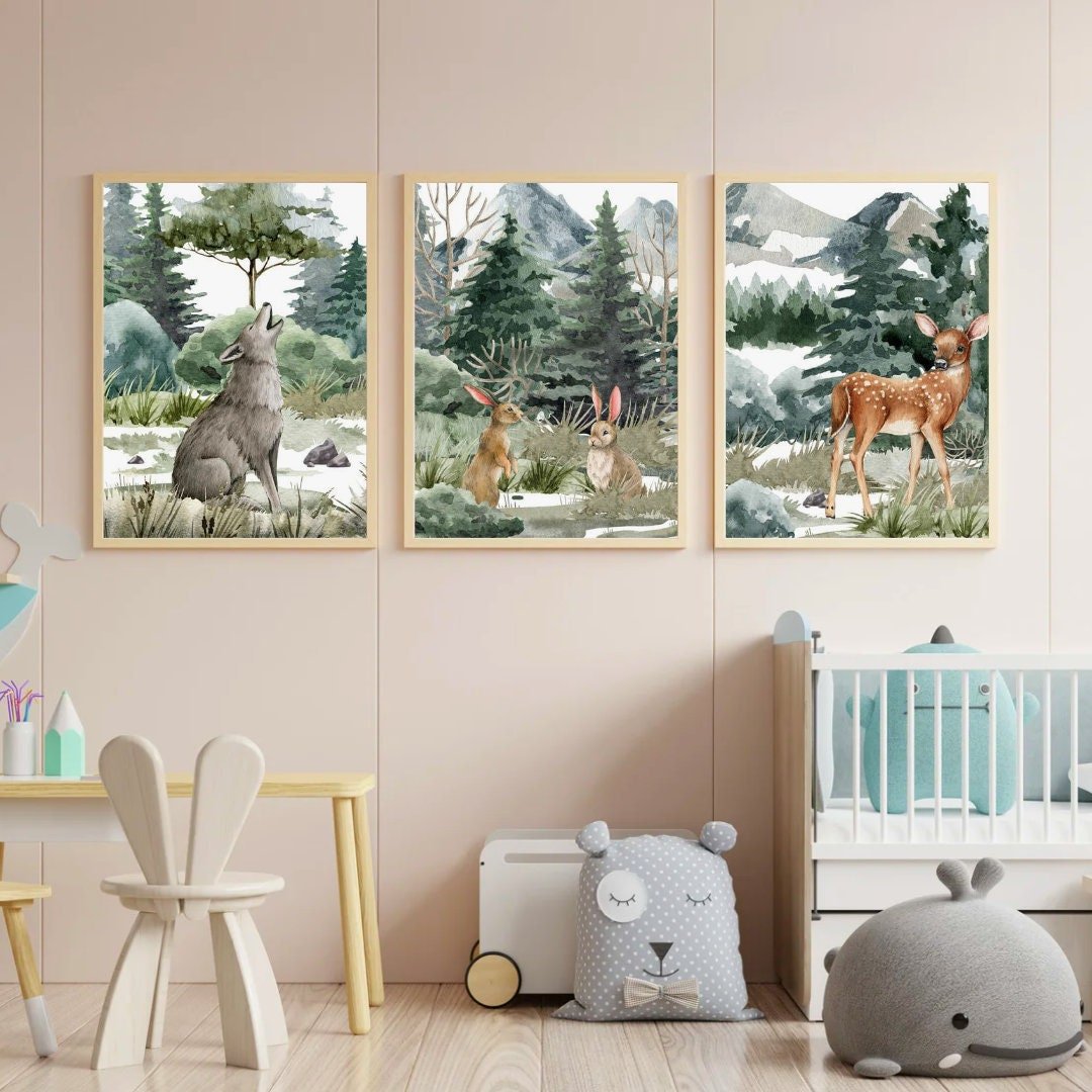 Forest Animal Wall Art – Woodland Nursery Print for Boys • Set of 3