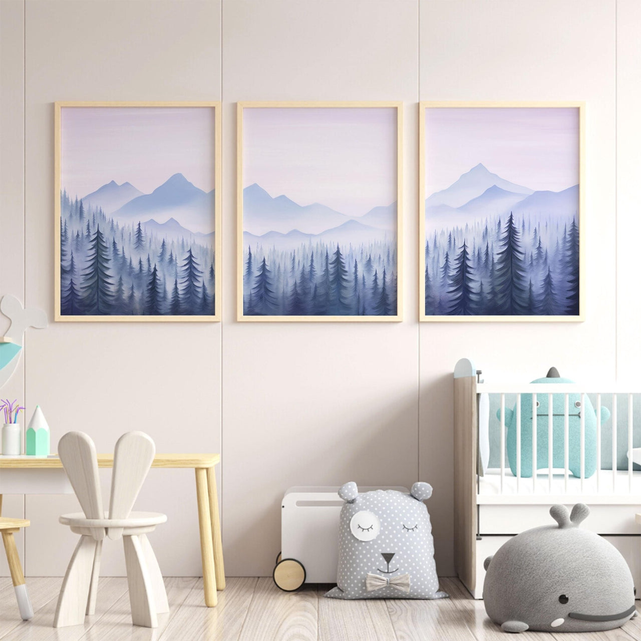 Misty Mountain Print – Nature Boys Nursery Wall Decor • Set of 3