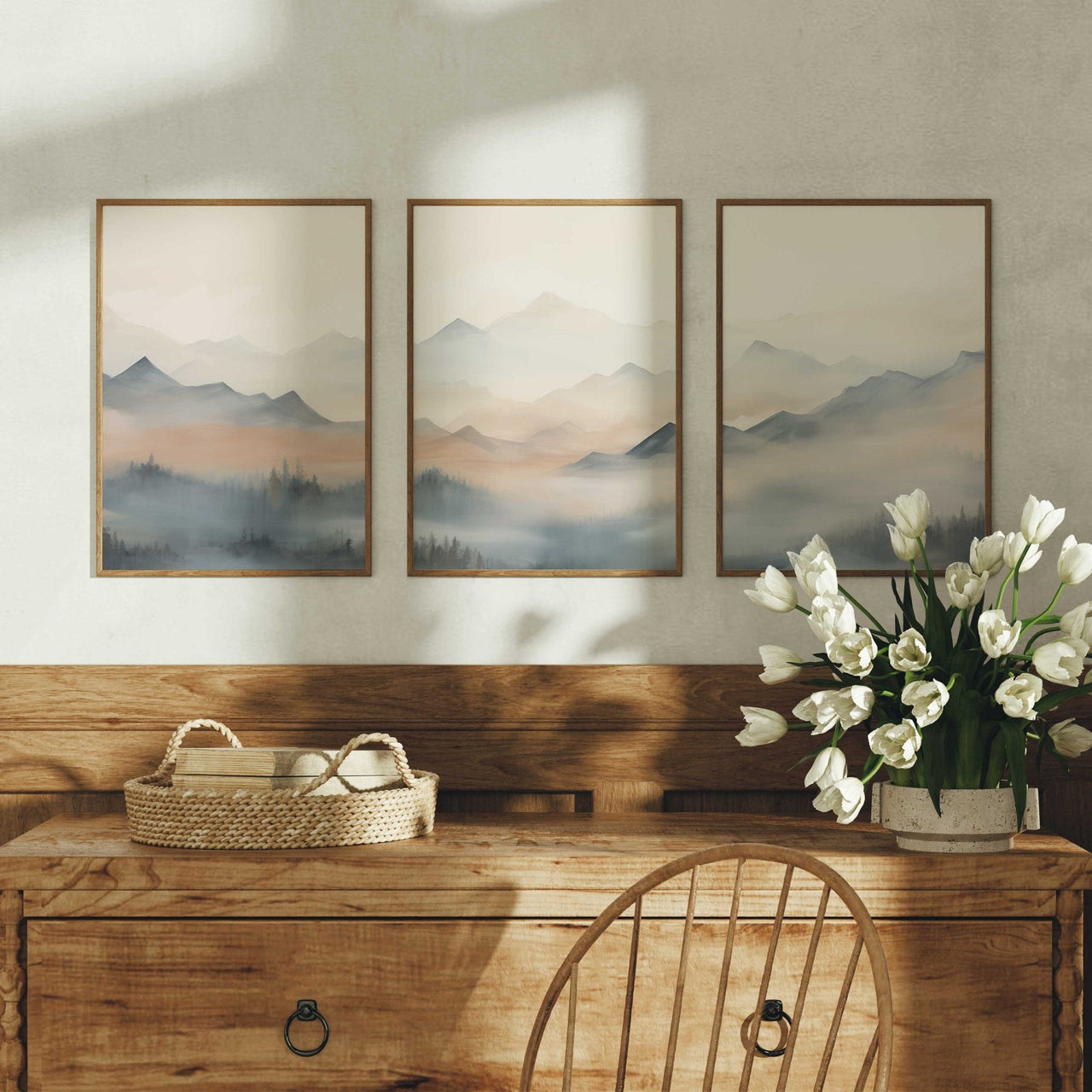Misty Blue - Beige Mountains Wall Art – Nature Nursery Print • Set of 3