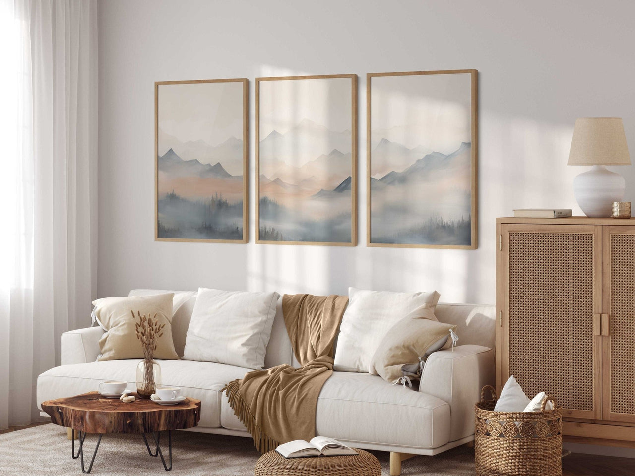 Misty Blue - Beige Mountains Wall Art – Nature Nursery Print • Set of 3