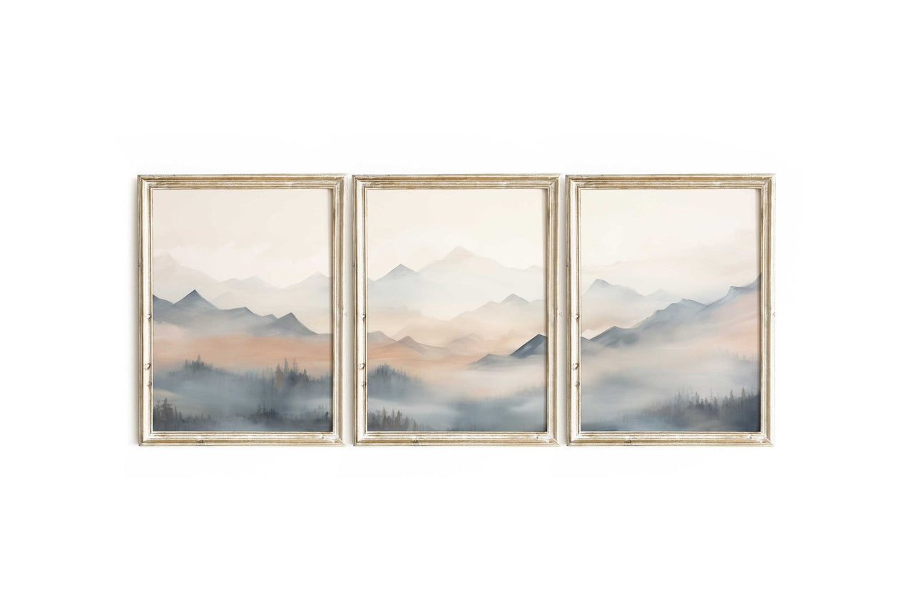Misty Blue - Beige Mountains Wall Art – Nature Nursery Print • Set of 3
