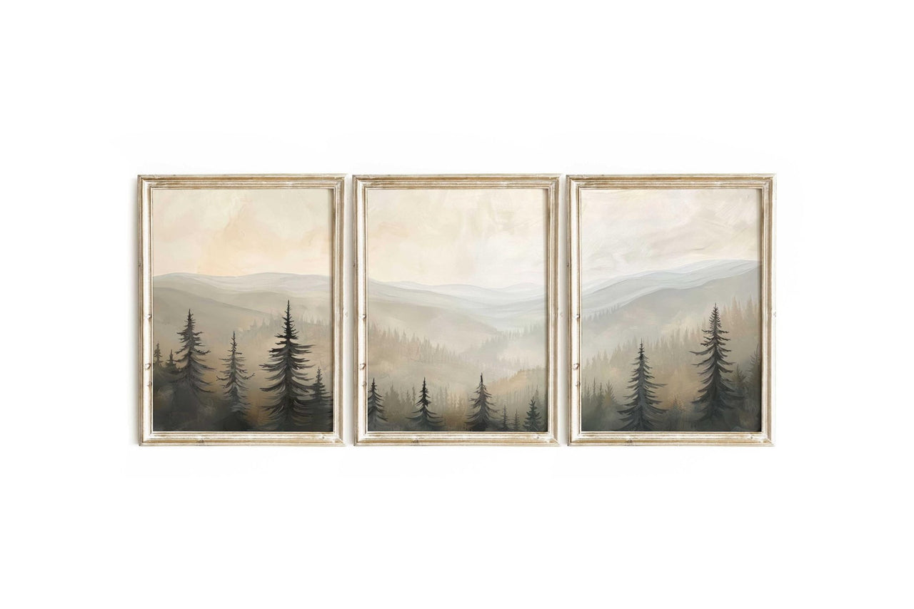 Misty Mountains Wall Art – Nature Nursery Print for Girls • Set of 3