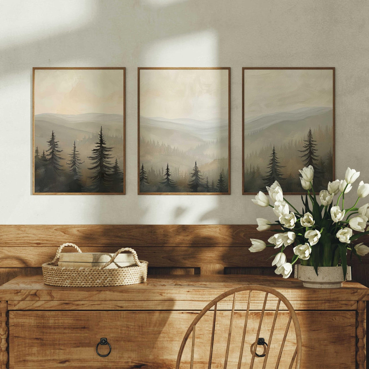 Misty Mountains Wall Art – Nature Nursery Print for Girls • Set of 3