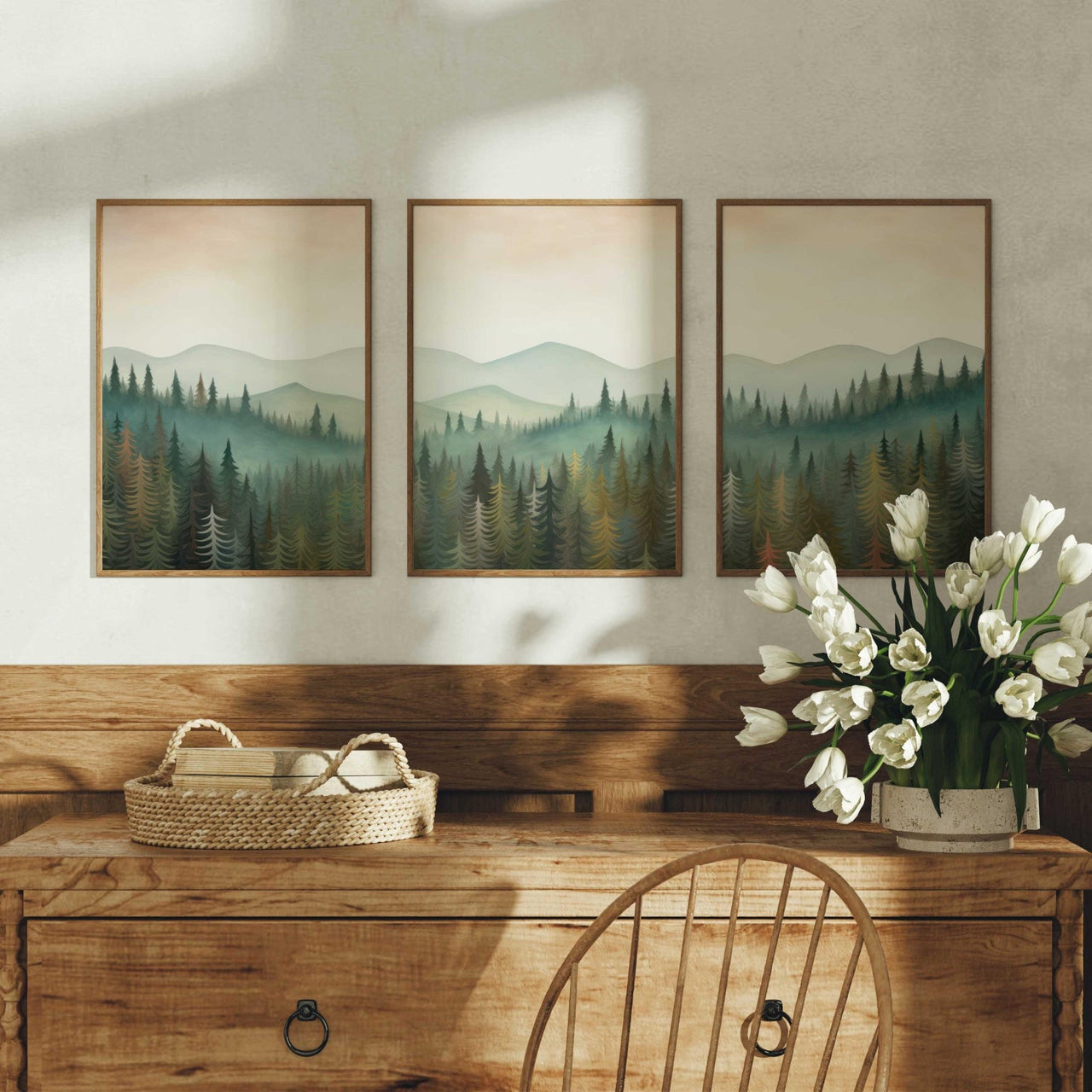 Autumn Forest Wall Art – Nature Living Room Decor • Set of 3