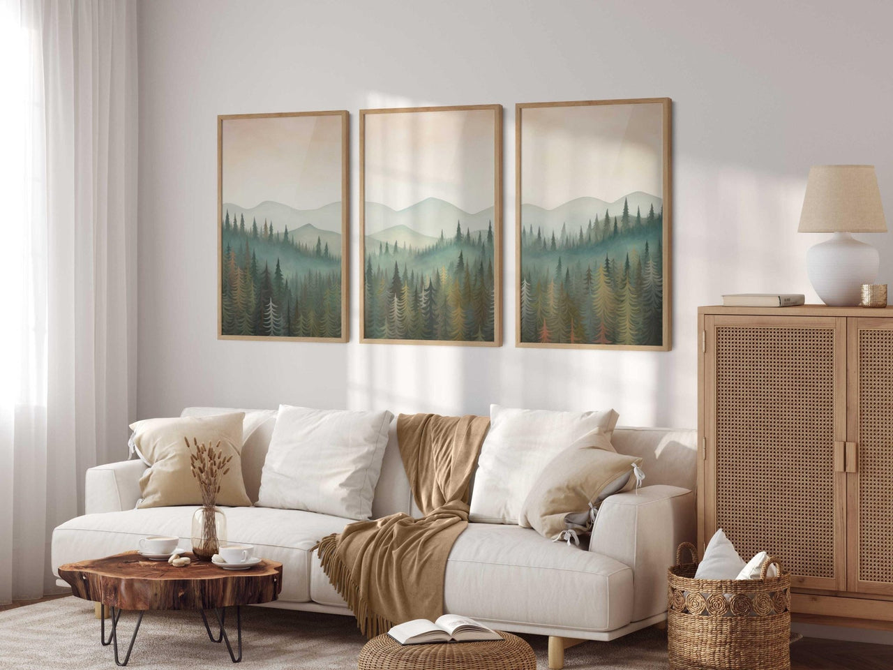 Autumn Forest Wall Art – Nature Living Room Decor • Set of 3