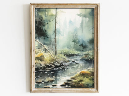 Forest Stream Wall Art, Watercolor Landscape Decor, Nature Print - WildfieldPrints