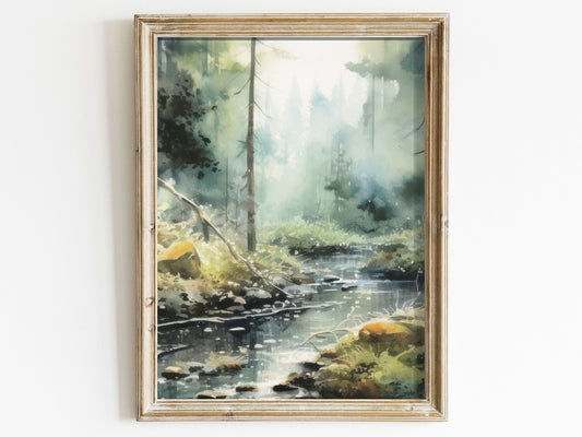 Forest Stream Wall Art, Watercolor Landscape Decor, Nature Print - WildfieldPrints