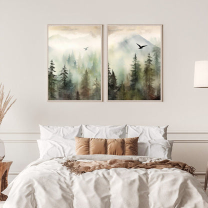 Forest Wall Art, Misty Mountain Watercolor Landscape, Green Moody Decor - WildfieldPrints