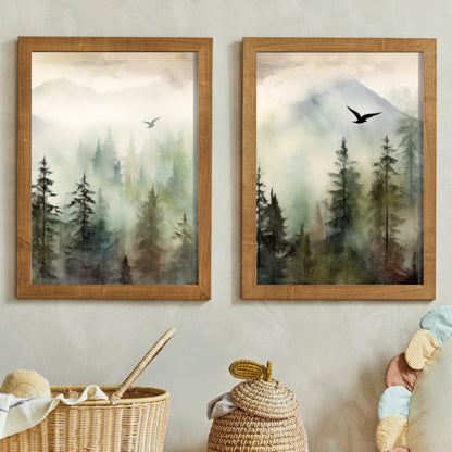 Forest Wall Art, Misty Mountain Watercolor Landscape, Green Moody Decor - WildfieldPrints