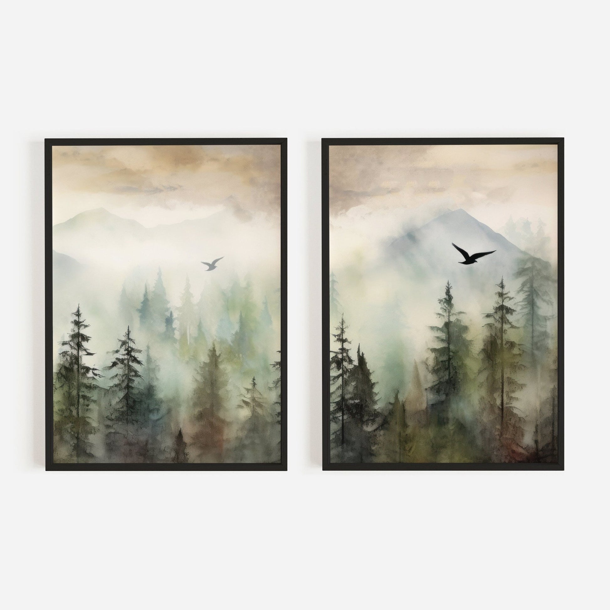 Forest Wall Art, Misty Mountain Watercolor Landscape, Green Moody Decor - WildfieldPrints