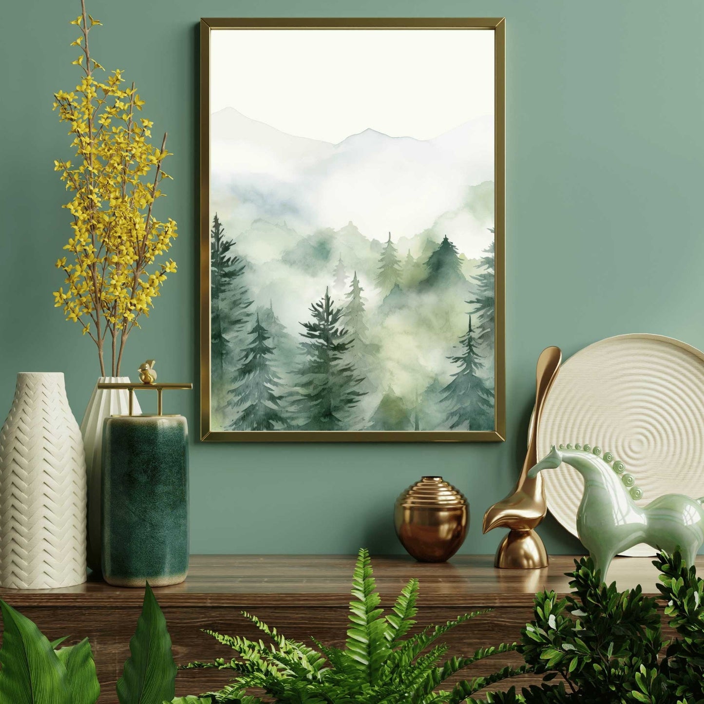 Forest Wall Art, Watercolor Landscape Decor, Misty Mountain Painting - WildfieldPrints
