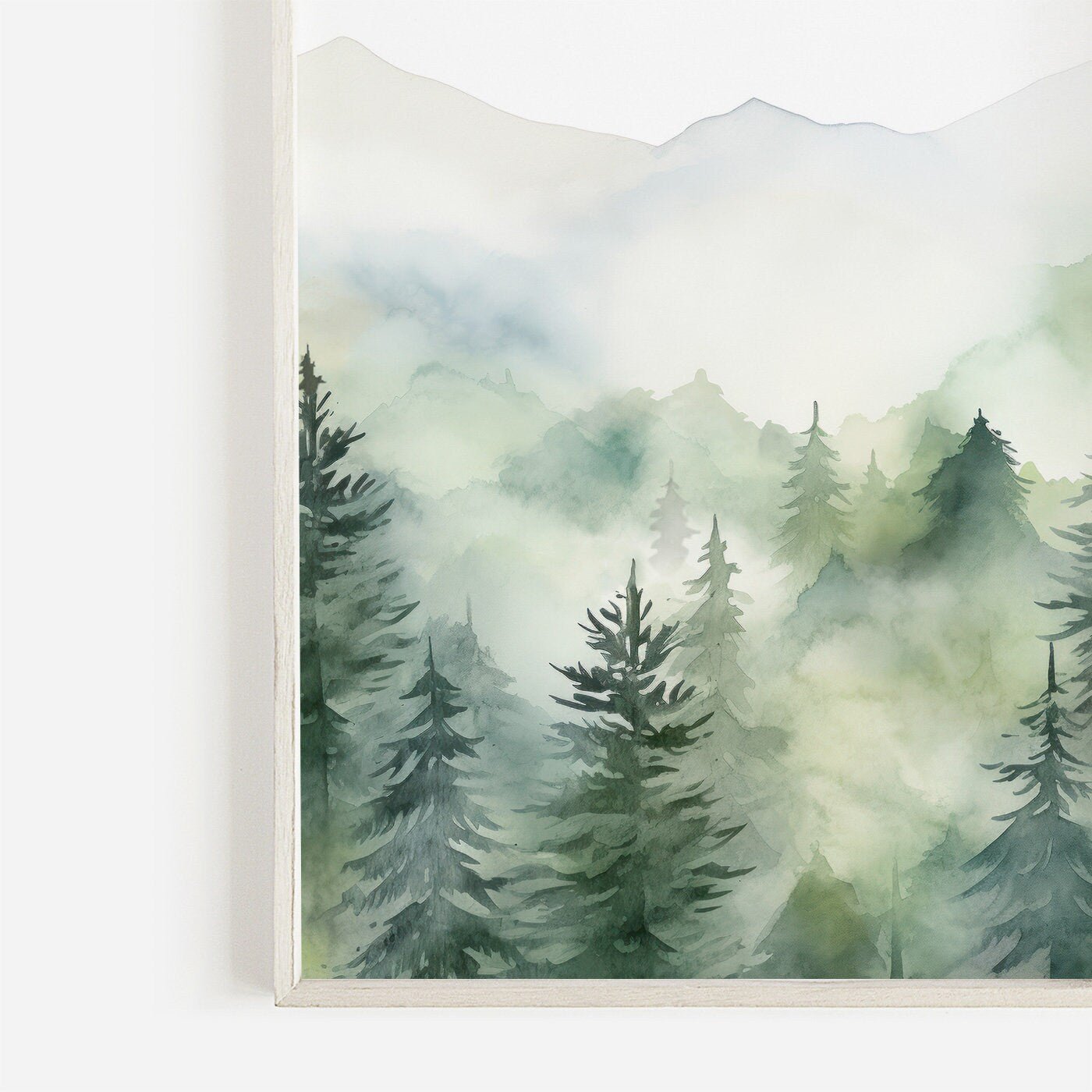 Forest Wall Art, Watercolor Landscape Decor, Misty Mountain Painting - WildfieldPrints